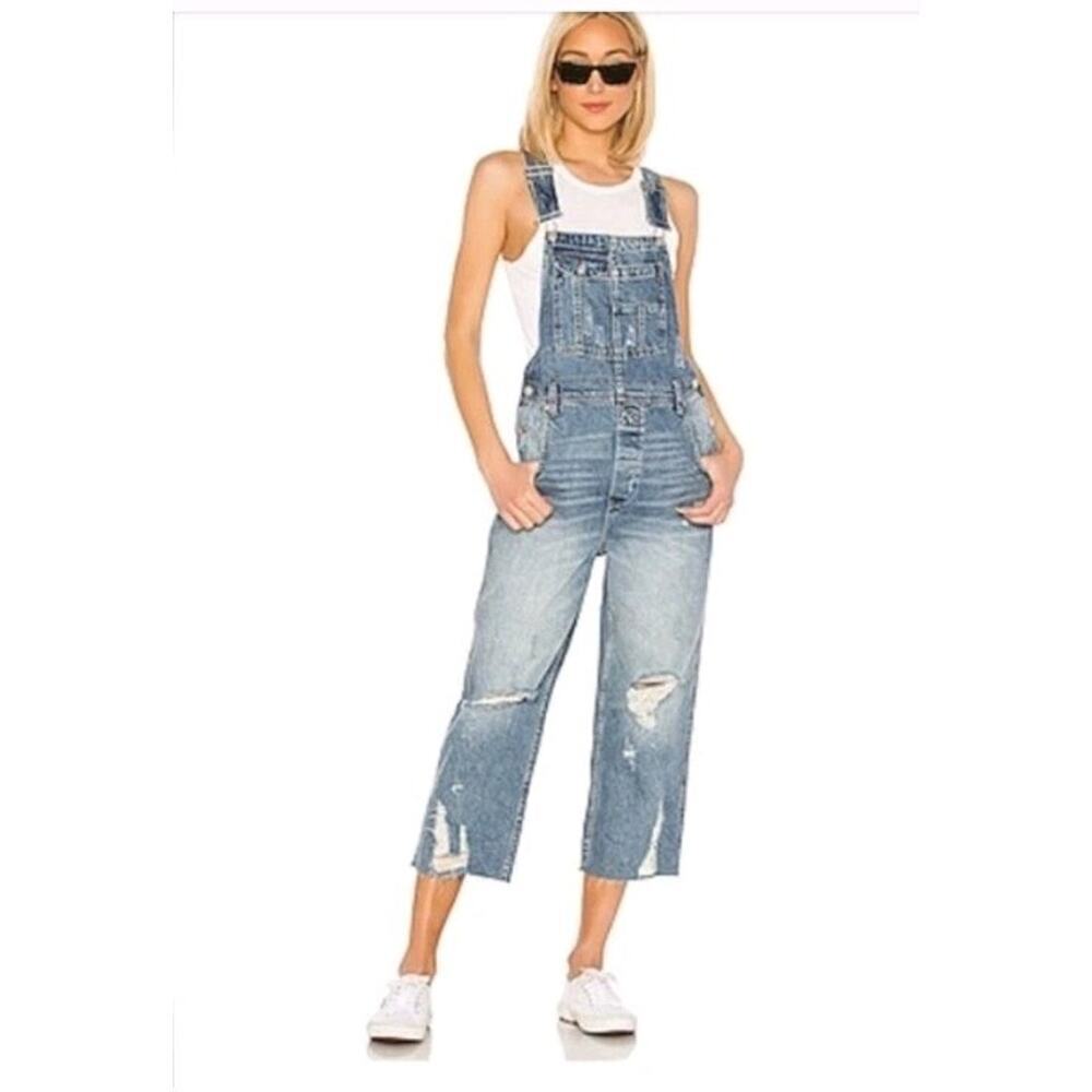 Free People Baggy BF Denim Overalls SZ 24 Boyfriend Distressed Drapey OB 898204